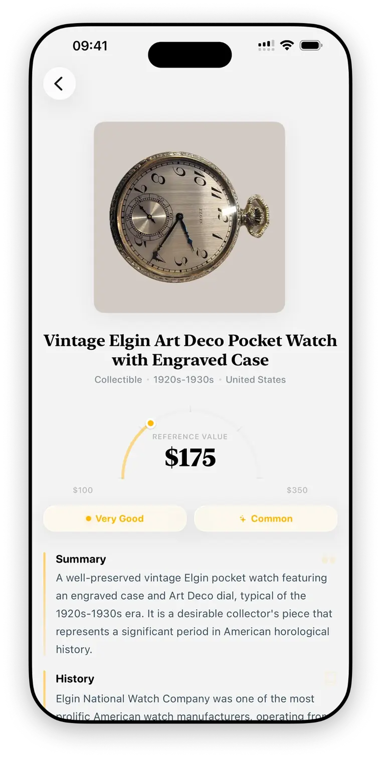 A RelicLens report for a vintage Elgin Art Deco pocket watch, showing a reference value of $175 on a gauge running from $100 to $350, with condition marked Very Good and rarity marked Common.