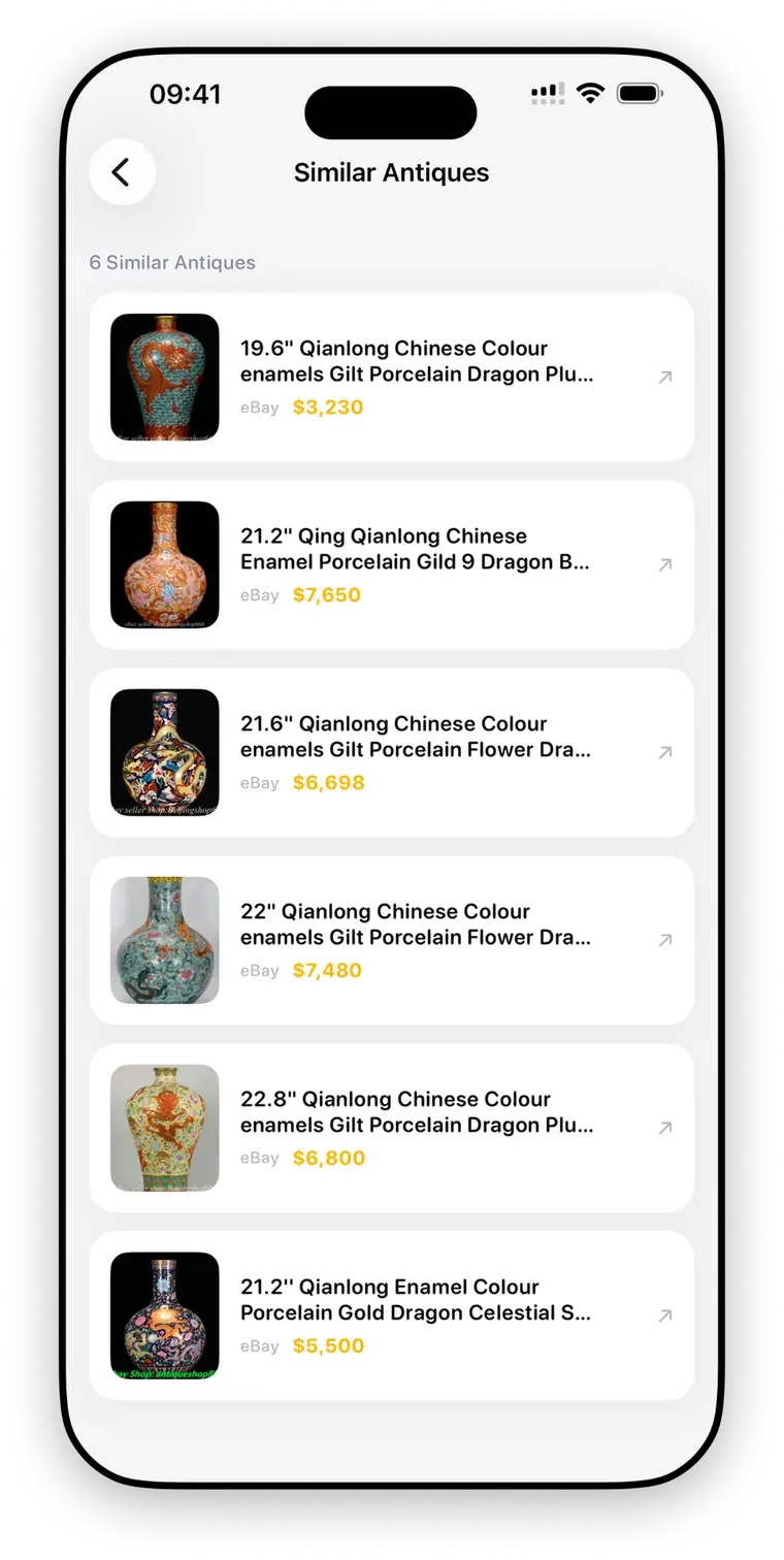 A list of six comparable antiques in RelicLens, each with a thumbnail, a title, the marketplace it was listed on and its price.