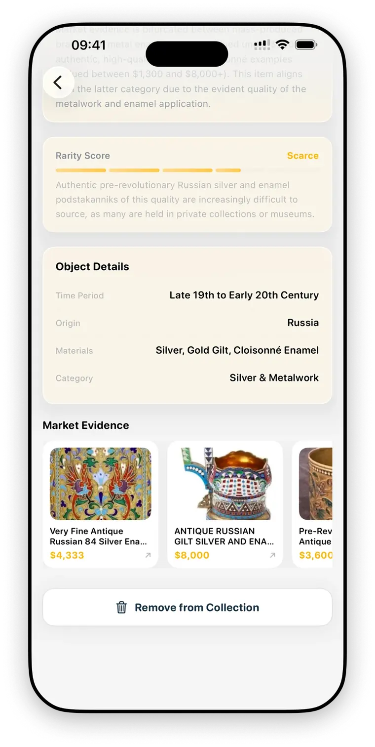 A RelicLens report showing a rarity score marked Scarce, object details listing time period, origin, materials and category, and a market evidence row of comparable listings.